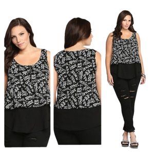 Torrid French Graffiti Top‎ Plus Size 1X Tiered Lightweight Pullover Tank Black
